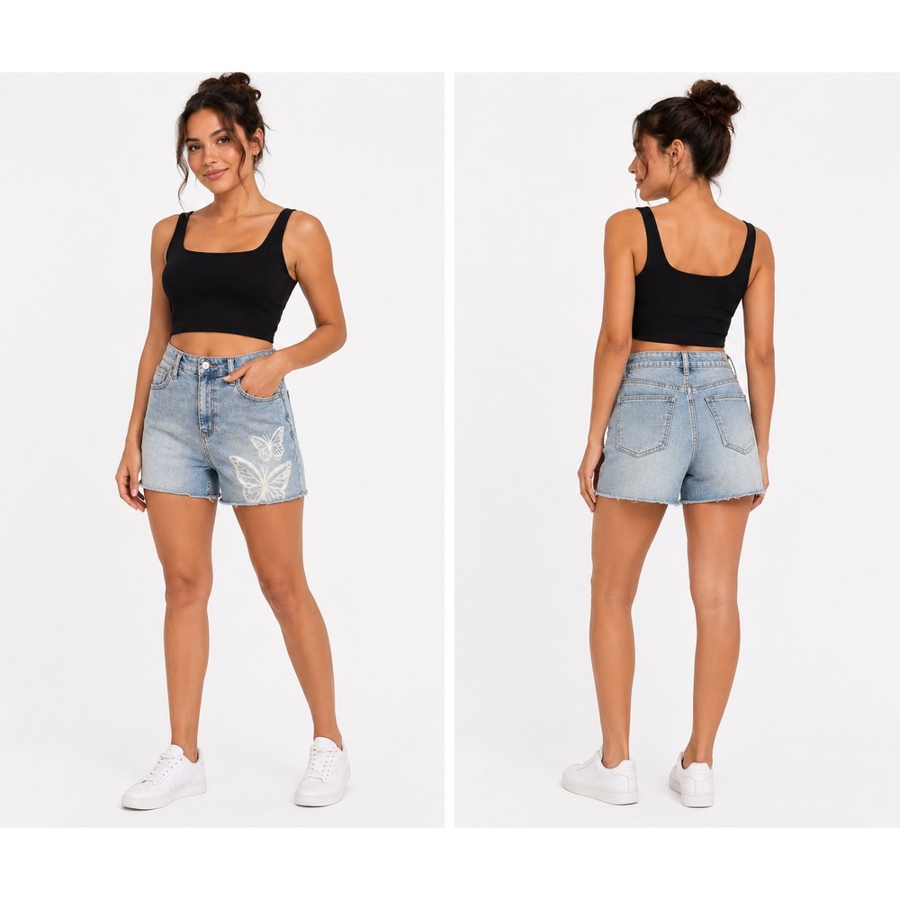 No Boundaries Jean Shorts Womens 7 Blue Butterfly Graphic Raw Hem Y2K Denim